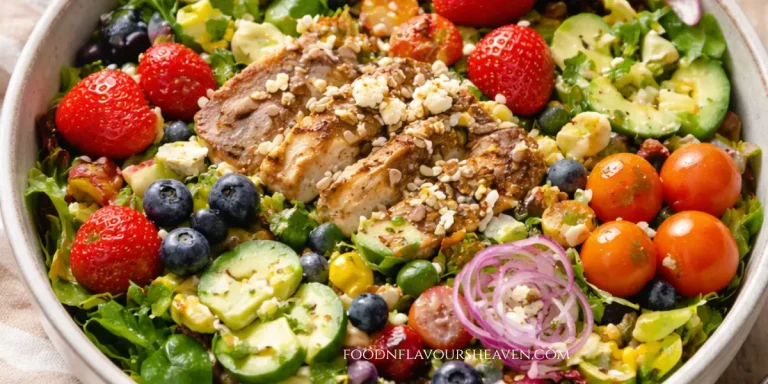 Healthy summer salads recipes with shrimp, avocado, cherry tomatoes, cucumber and fresh greens in a bowl